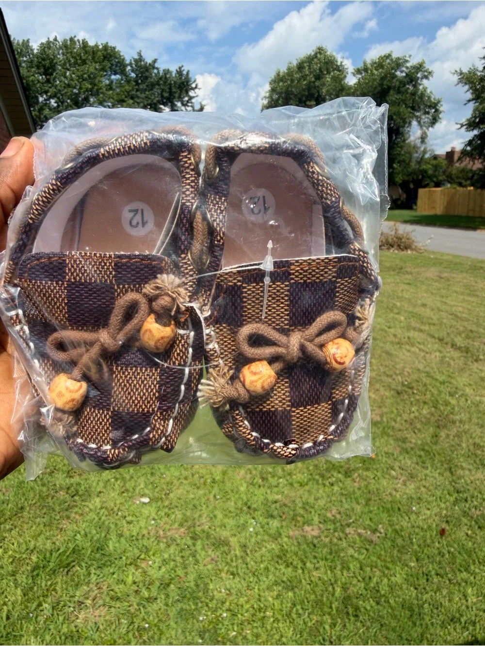 Toddler Brown Checkered Moccasin Slippers with Tassel Bead Accent
